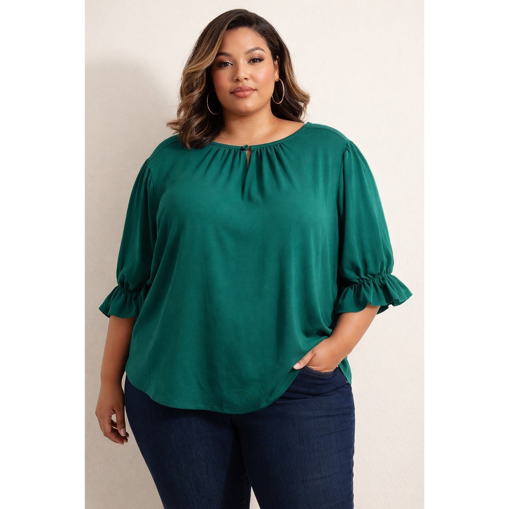Eloquii‎ Emerald Green Ruffle Cuff Blouse Gathered Neck Plus Size 24 Top